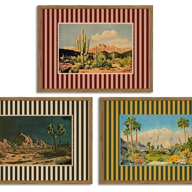 Framed Vintage Western Nature Landscape Wall Art Set of 3, Striped Postcards Southwest Desert Cactus Pictures Wall Decor Paintings, Boho Plant Canvas Prints for Living Room Bedroom Office 12x16 inch