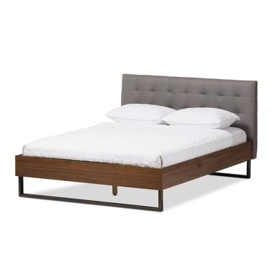 Mitchell Rustic Industrial Walnut Wood and Fabric Metal Platform Bed - King - Grey - Baxton Studio