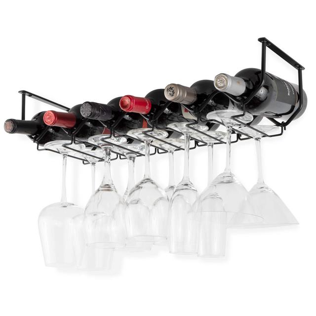 Wallniture Piccola Under Cabinet Wine Rack and Wine Glass Holder Bottle Organizer and Stemware Storage with 6 Bottle Holder Metal Black