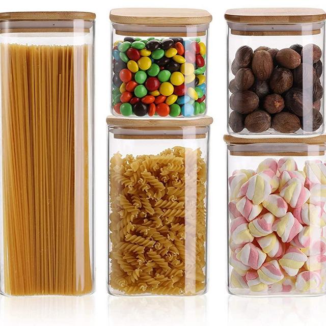 Yesland 5 Sizes Glass Storage Jars with Sealed Bamboo Lids, Air Tight Kitchen Food Storage & Jars Containers, Stackable Square Clear Glass Jar Set for Candy, Cookie, Rice, Sugar, Flour, Pasta, Nuts(76, 44, 38, 28 & 23 Fl oz )