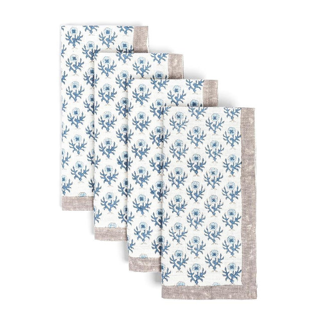 over&back Hand-Blocked Printed Cotton Cloth Napkins - Washable Napkins Set for Mixing, Matching, and Creating a Custom Home Decor Tablescape - Blue Bloom