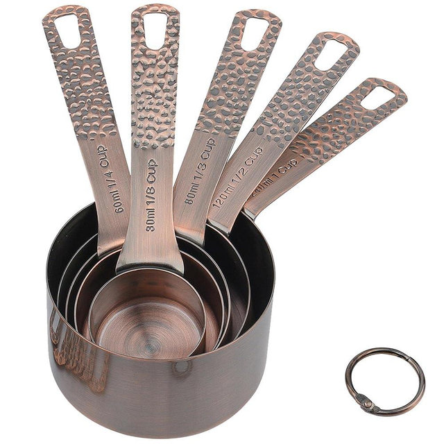 Stainless Steel Copper Plated 6 Piece Nesting Measuring Cup Set - 5 Copper Measuring Cups, 1 Ring