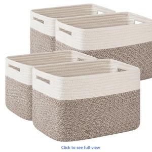 OIAHOMY 4 Pack Storage Baskets for Organizing, Basket for Shelves with Handle, Woven Baskets for Storage Toys, Towels, Books, Cotton Rope Basket 13" L x 9 " W x 7.8 " H, Deep Brown & White
