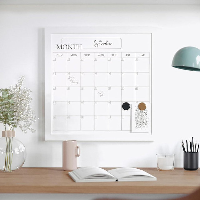 Martha Stewart Everette Magnetic Monthly Calendar Dry Erase Board with Included Dry Erase Marker and 2 Magnets, 18" x 18", White Woodgrain Frame