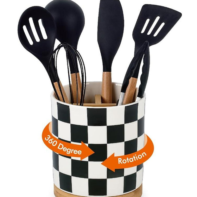LoeJan 3 Compartment Utensil Holder, Extra Large Utensil Crock, Stable Ceramic Utensil Organizer, Cooking Tool Organizer Set for Kitchen Counter Farmhouse Decor (G-Black(Square))