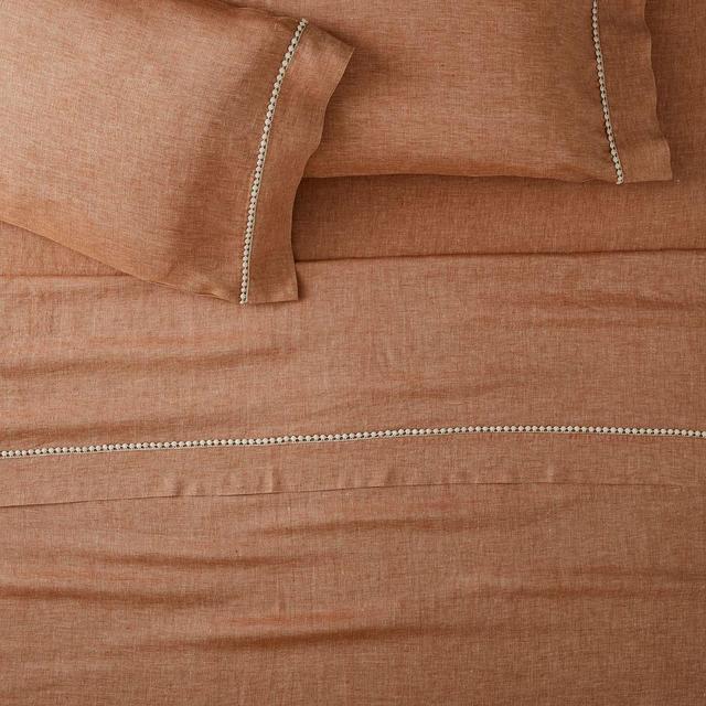 European Flax Linen Pom Pom Sheet Set, King, Terracotta Melange