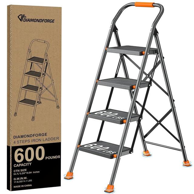 Step Ladder Foldable Folding Stool - for Home Adults Kitchen 4 Stepping Extension Tall Heavy Duty with Handrails - Closet Stepstool Stair Ladders Extendable Stepladder for Indoor House 600Lbs