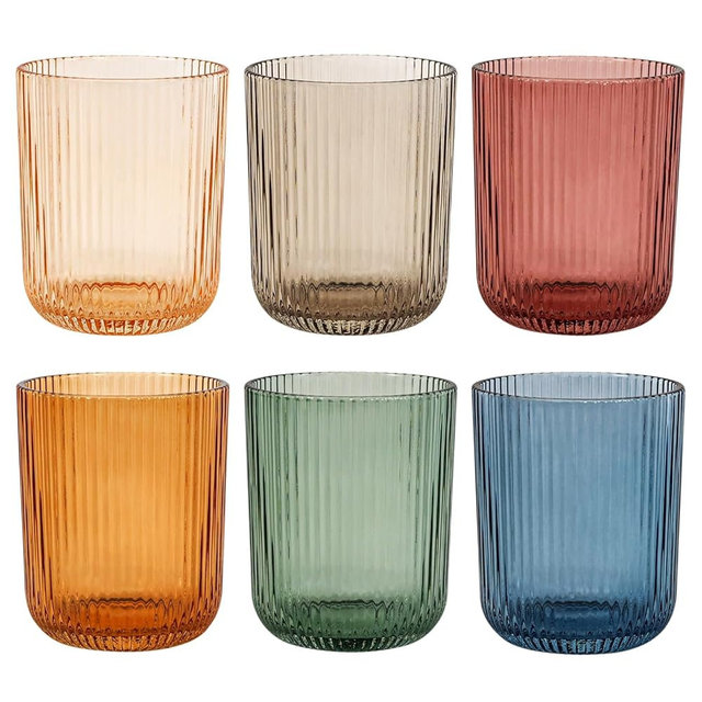 Vintacicle 8.5 oz Drinking Glasses, Colored Highball Glasses Set of 6, Ribbed Glassware Glass Cups, Water Glasses for Juice, Iced Coffee Cups, Cocktail Glasses