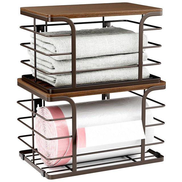 Stylstoreazy 2 Pack Extra Large Pantry Baskets with Bamboo Top,Stainless Steel Trash Bag Dispenser for Kitchen Sink and Laundry Room Organization,Brown