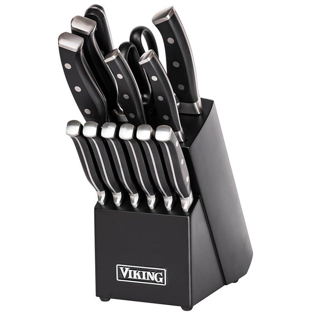 Viking Kitchen Knives Set, 14 Piece Cutlery Set with Black Knife Block, Stainless Steel Blades and Ergonomic Handles, Dishwasher Safe