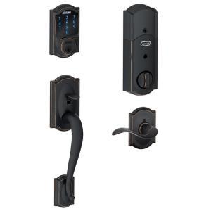Camelot Aged Bronze Connect Smart Lock with Alarm and Accent Lever Handleset