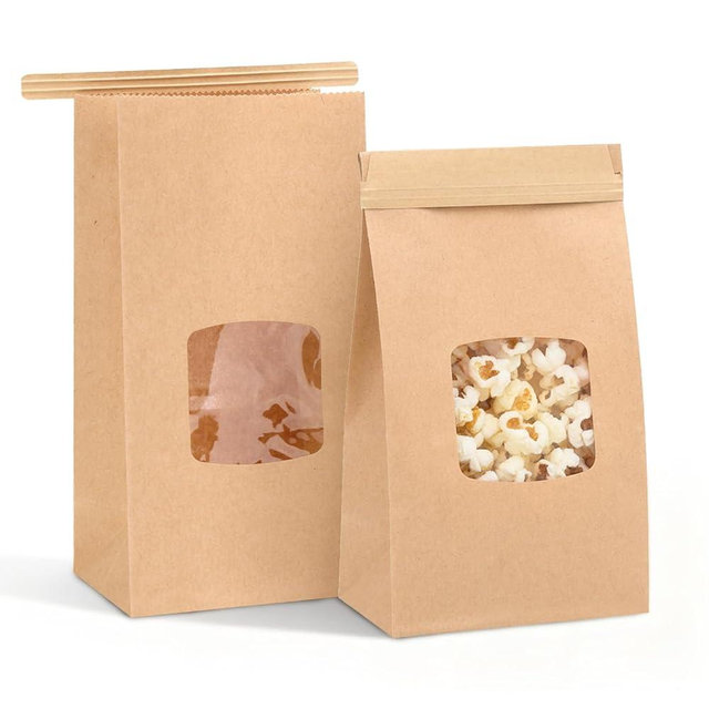 Moretoes Small Cookie Bags with Seal, 55pcs 3.54x2.32x6.69in, Seal by Tin Tie Tab, Brown Kraft Paper Small Bakery Bags with Window for Cookie Coffee Bread Pastry Treat Bakery Gift Giving Packing