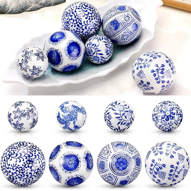 Ziliny 8 Pcs Porcelain Decorative Balls for Centerpiece Bowls 3.14'' /2.36'' Blue and White Ceramic Chinoiserie Balls for Vases Tray Bowl Basket Tables Christmas Wedding Party Home Decor