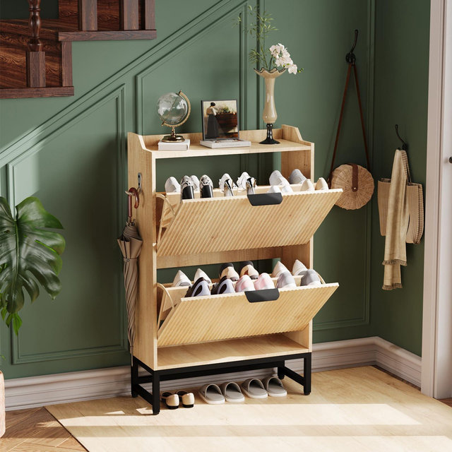 Shoe Storage Cabinet with 2 Flip Drawers - Narrow Freestanding Shoe Organizer with Fluted Panel, Hidden Entryway Cabinet