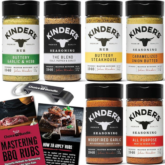 Kinders Buttery Garlic & Herb Woodfired Garlic The Blend Buttery Steakhouse All Purpose Caramelized Onion Butter Seasoning & Rub 6 pk (34.95 oz) + BBQ Masters & Opener (8 Items)!
