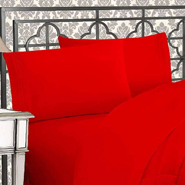 Elegant Comfort Luxurious 1500 Thread Count Egyptian Three Line Embroidered Softest Premium Hotel Quality 4-Piece Bed Sheet Set, Wrinkle and Fade Resistant, King, Red
