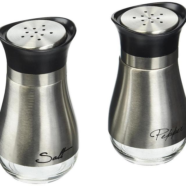 Circleware Cafe Contempo Elegant Glass Salt and Pepper Shakers Dispenser, Clear Bottom Jar Bottle Container with Stainless Steel Top, Perfect for Himalayan Seasoning Herbs Spices, 4.4 oz, Silver