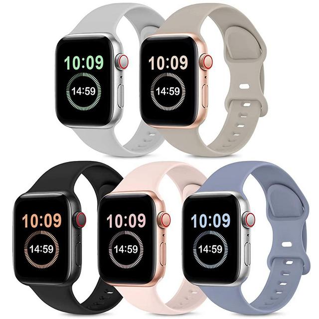 5 Pack Bands Compatible with Apple Watch Band 38mm 40mm, Soft Silicone Sport Replacement Strap Compatible with iWatch Series 6 5 4 3 2 1 SE Women PinkSand/Stone/Lavender Gray/Black/Gray 38mm/40mm M/L