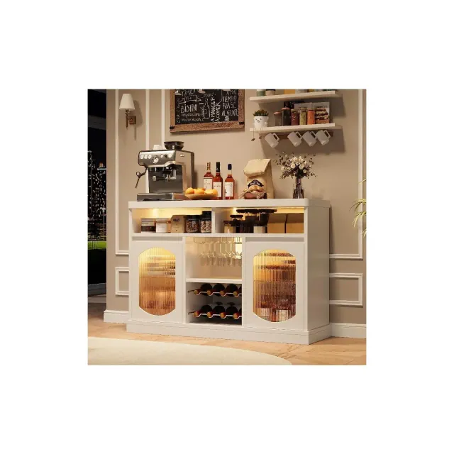 Modern Buffet Cabinet with LED Lights, White Sideboard Cabinet with 2 Glass Doors, Coffee Bar Cabinet with Adjustable Shelves for Kitchen Room