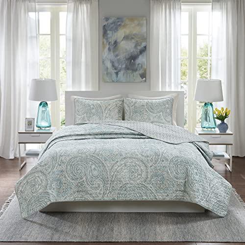 Comfort Spaces Paisley Design, Double Sided Quilting All Season, Lightweight, Coverlet Bedspread Bedding Set, Matching Shams, Full/Queen(90"x90"), Kashmir, Blue/Grey