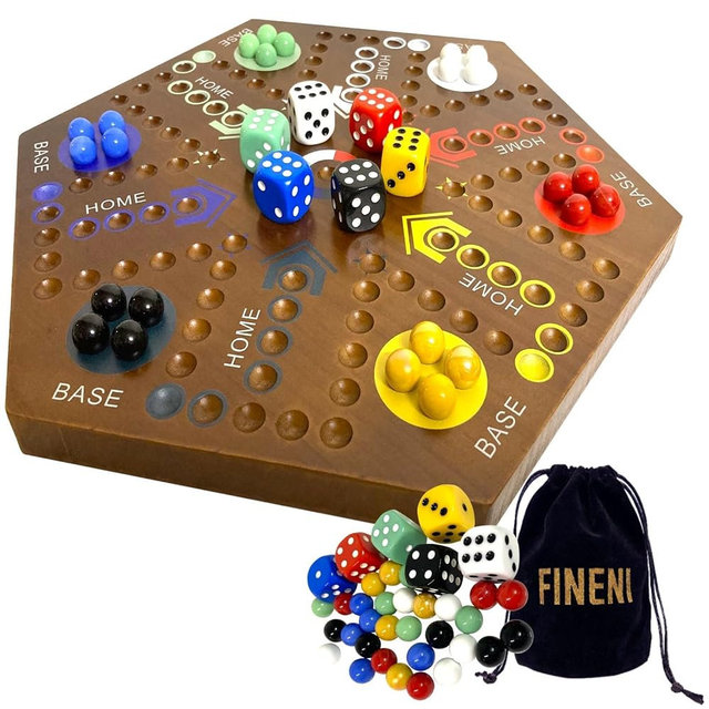 FINENI Wooden Board Games, Marble Board Game Original with Dual Sides Fast Track Board Game for 2 to 6 Players, Double Side Marble Game, 6 Colors 30 Marbles Set and 6 Color 6 Dice,Pouch (16" Dark)
