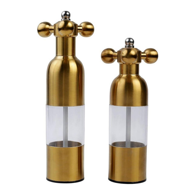 (Gold,2PCS) Salt, Pepper Modern Manual Grinder Set with Solid Handle - Stainless Steel Juego de Molinillo Dorado/Antique Faucet Shakers | Refillable Adjustable Coarseness Mill for BBQ Restaurant, Home