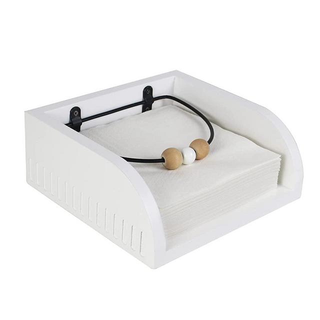 Karisky Farmhouse Napkin Holder, Solid Wood Napkin Holder for Tables, Rustic Boho Flat Napkin Holder with Metal Pivoting Arm for Kitchen, White