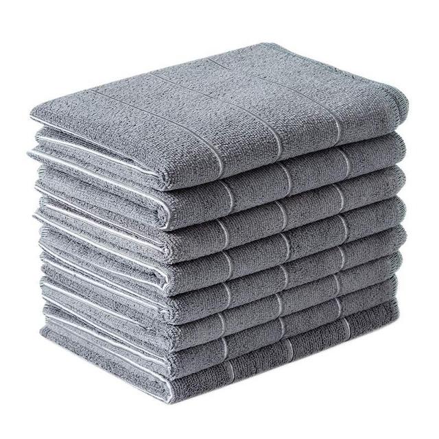 Microfiber Kitchen Towels - Super Absorbent, Soft and Thick Dish Hand Towels, 8 Pack (Stripe Designed Grey Colors), 26 x 18 Inch (Grey)