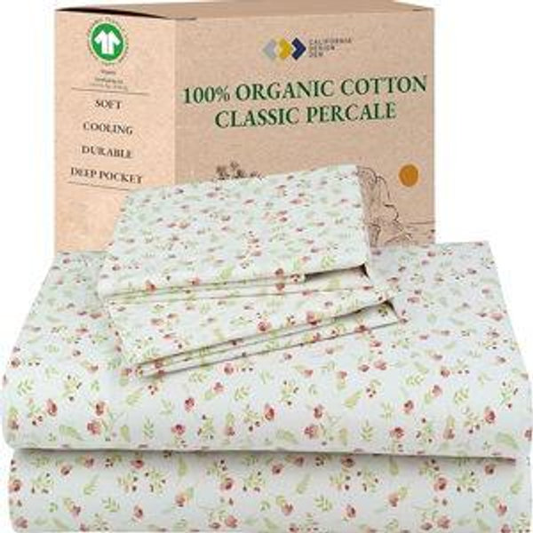 California Design Den Cal King Floral Sheet Set, 100% Organic Cotton Percale Sheets, Deep Pocket California King Sheets & Pillowcase Set - Floral