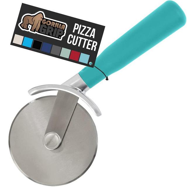 Gorilla Grip Oversized, Stainless Steel, Soft Grip, Rust Resistant, Dishwasher Safe Pizza Wheel, Thumb Guard Protection, Slice Thick or Thin Pizzas in Seconds, Works on Pie Crust, Pastries, Turquoise