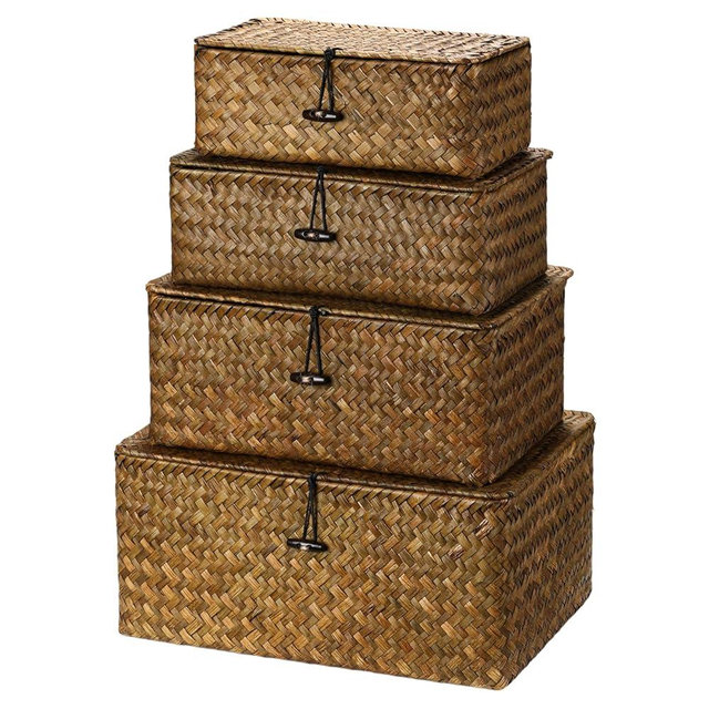 Woanger Set of 4 Seagrass Basket with Lids Woven Rattan Wicker Storage Basket Decorative Storage Boxes Rectangular Baskets for Decoration, Picnic, Groceries and clothes Storage(Retro Color)
