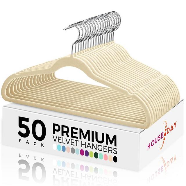 HOUSE DAY Premium Velvet Hangers 50 Pack, Non-Slip Flocked Felt Hangers, Sturdy Clothes Hangers Heavy Duty Coat Hangers & Suit Hangers, Durable Slim Beige Hangers for Closet Space Saving