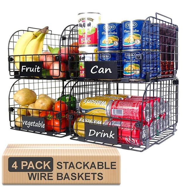 4 PACK Wire Baskets for Organizing,Fruit Basket for Kitchen,Pantry Organization and Storage,Metal Baskets,Vegetable,Fruit,Snack,Onion,Potato,Can,K-Cup Organization,Black