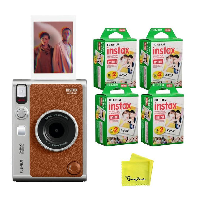 Fujifilm Instax Mini EVO Instant Camera (Brown) w/BuzzPhoto Microfiber Cleaning Cloth and 4 Twin Packs Mini Instant Film