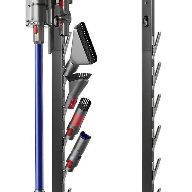 Vacuum Stand Holder for Dyson Gen5 V8 V15 V12 V11 V10 V7 V6, Metal Floor Docking Station with Built-in Cord Management, Storage Bracket Organizer with 6 Hooks for Cordless Vacuum Cleaner & Accessories