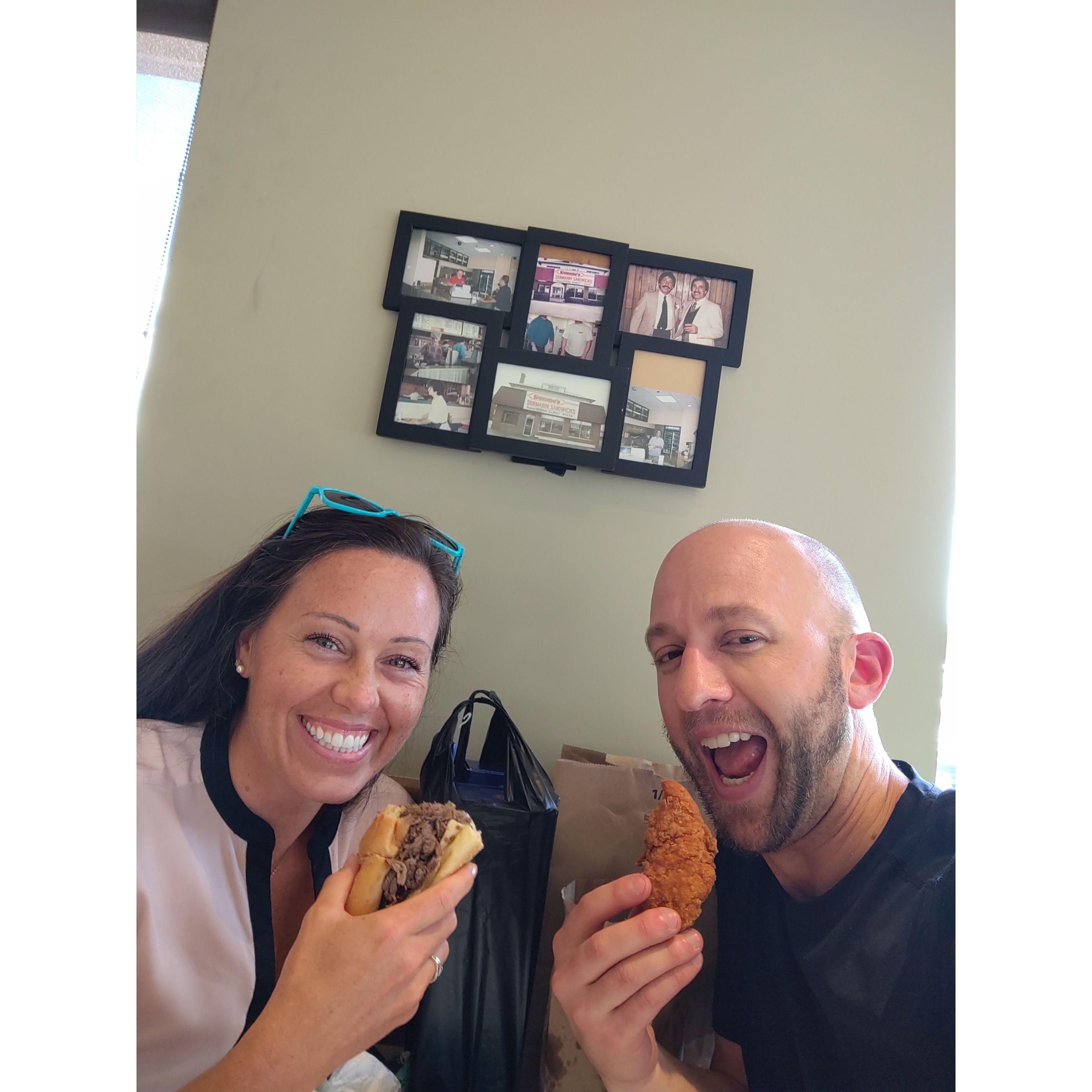 Our first fried chicken and philly cheesesteaks at Dimino's in Boston
