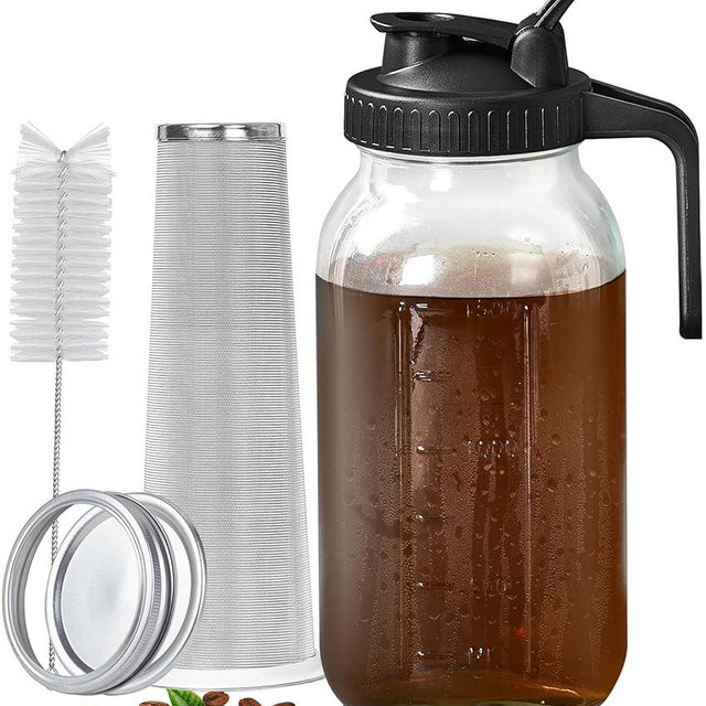 PIZVOX Cold Brew Coffee Maker Jar - 64oz Thick Glass Multipurpose Mason Pitcher Spout Lid with Handle & Stainless Steel Filter for Iced Coffee, Lemonade, Ice Tea, Homemade Fruit Drinks Container