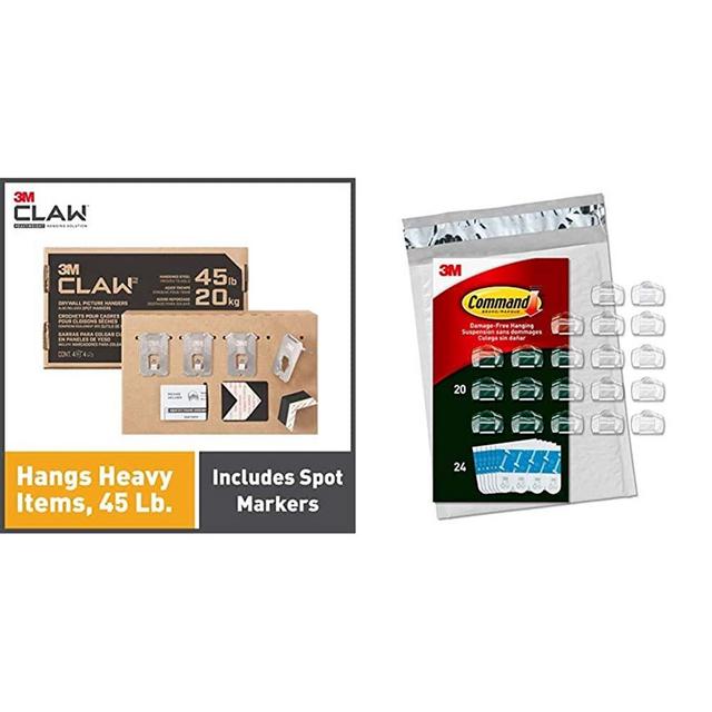 3M CLAW Drywall Picture Hangers Holds 45 lb. & Command Outdoor Light Clips, 20 Clips, 24 Strips