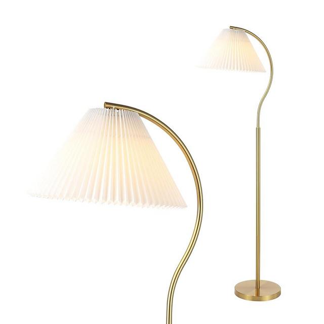 JONATHAN Y JYL1148A Devon 60.5" Modern Glam Metal Arc LED Floor Lamp with Pleated Shade for Bedroom, Living Room, Office, Brass Gold/White