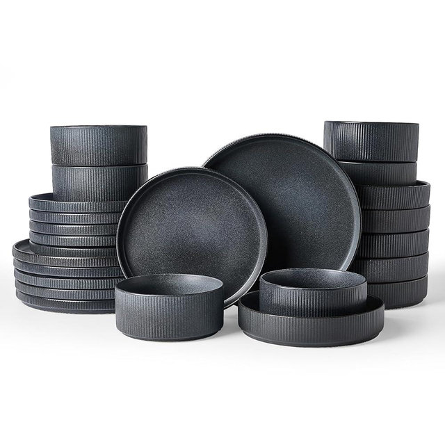 Famiware Star Dinnerware Set with Pasta Bowls, Service for 6 (24 Pieces), Ribbed Stoneware Plates and Double Bowls Sets - Chip & Scratch Resistant, Microwave & Dishwasher Safe, Matte Dark Charcoal