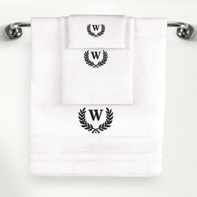 Ephesos Personalized Custom Monogrammed White Towel Set - 3 Piece, Soft & Absorbent 100% Cotton - Perfect for Gifts, Home, Bathroom, Spa, or Kitchen - Wheat Design with Letter 'W' in Black Thread