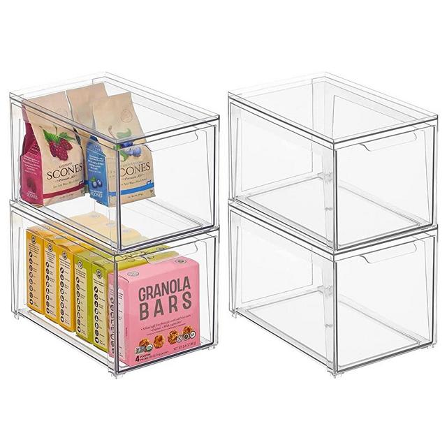 mDesign Stackable Storage Containers Box with Pull-Out Drawer - Stacking Plastic Drawers Bins for Kitchen Pantry and Cupboard, Cabinet, Counter, Island and Tables - Lumiere Collection - 4 Pack - Clear