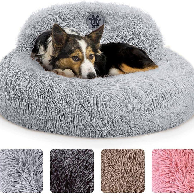 PetJett Calming Dog Bed Medium Size Dog - 30'' Donut Bed, Washable Dog Bed - Anti-Slip Super Soft Fluffy Plush Round Bed, Anti-Anxiety Premium Comfort Pet Bed, Fits Dogs up to 45 lbs - Bright Grey