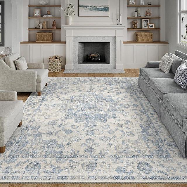 WondRg 8x10 Washable Neutral Area Rug Blue Vintage Living Room Bedroom Carpet Non-Slip Soft Low Pile Floral Large Indoor Throw Rug for Dining Room Office