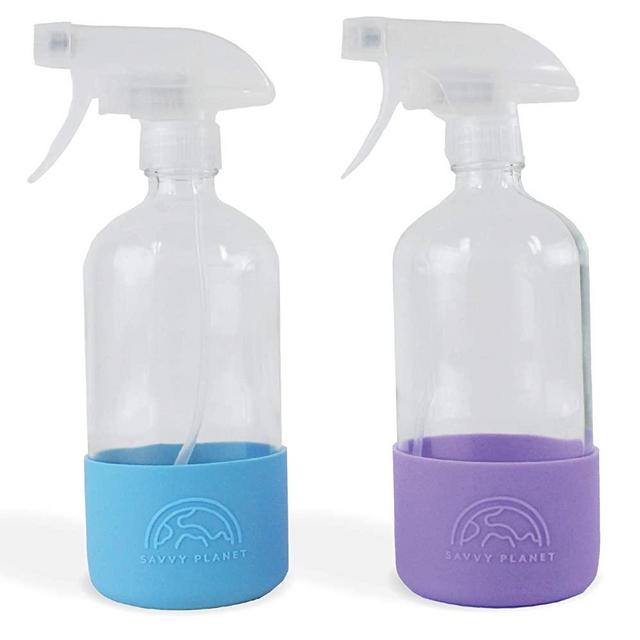 SAVVY PLANET Empty Clear Glass Spray Bottles with Silicone Sleeve Protection - Refillable 16 oz Containers for Cleaning Products, Essential Oils, Misting Plants - Quality Sprayer - 2 Pack