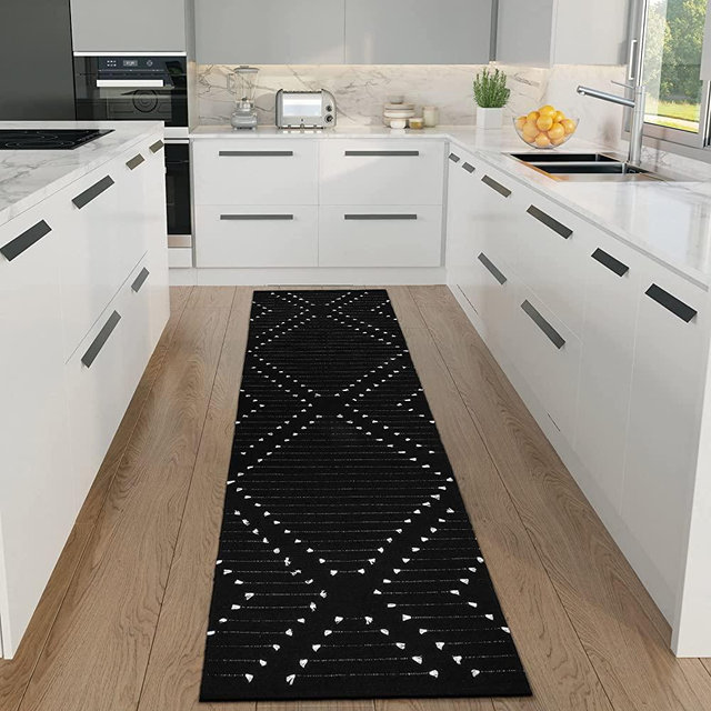 LIVEBOX Boho Runner Rug 2'x8' for Kitchen, Black Washable Rug for Hallway, Woven Cotton Moroccan Area Rug Geometric Long Entryway Carpet for Laundry Bedroom Living Room