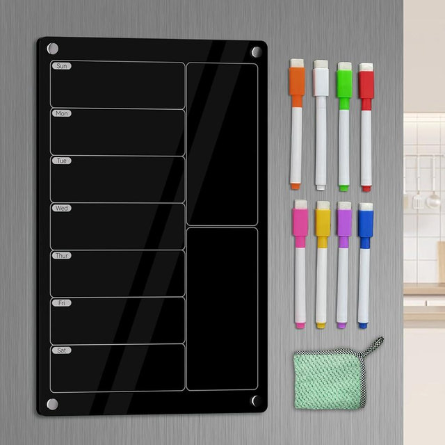 YNGRUE Acrylic Meal Planner Magnetic Menu Board for Kitchen Fridge,Magnetic Black Weekly Calendar Planner Board Refrigerator Dry Erase Board to Do Chore Chart,Grocery/Shopping List,12"x8"
