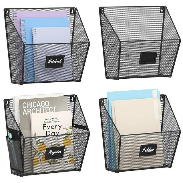 Yuzehuaza Mesh Wall File Holder, Hanging File Organizer, Mail Organizer Wall Mounted, 4 Packs Hanging Magazine Holder with Pencil Case for Classroom Office(BLACK)