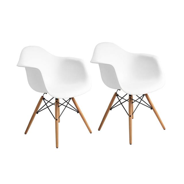 Buschman Set of Two White Eames-Style Mid Century Modern Dining Room Wooden Legs Chairs, Armchairs