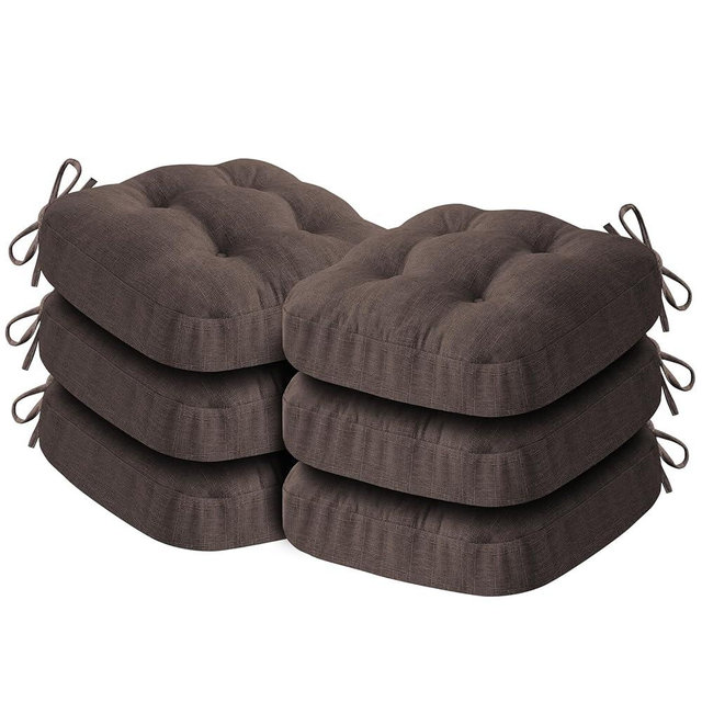 IASEAHK Chair Cushions for Dining Chairs, Dining Chair Cushions, Tufted Indoor Chair Pads with Ties & Non Slip Backing, Seat Cushions for Kitchen Chairs 16.5” x 16.5” x 3.5”, Set of 6, Brown